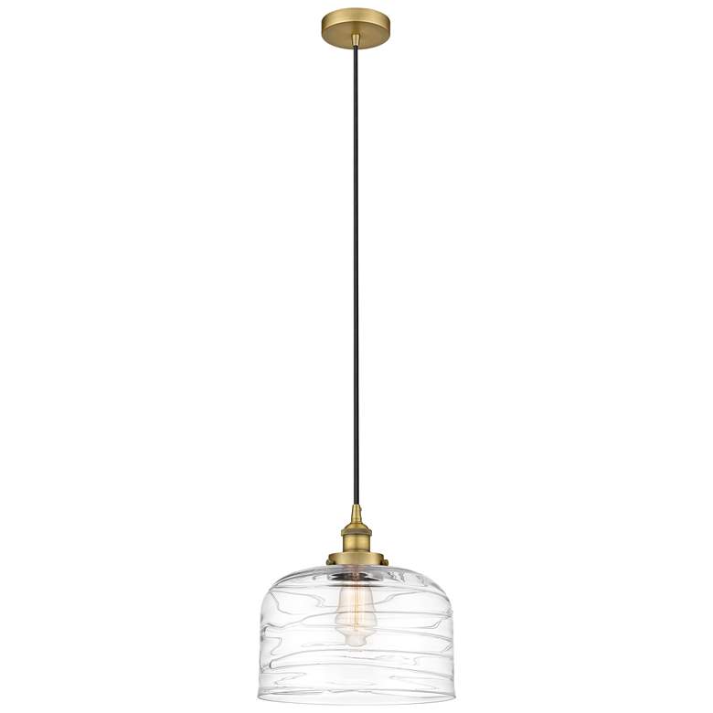 Image 1 Bell 12" LED Mini Pendant - Brushed Brass - Clear Deco Swirl Shade