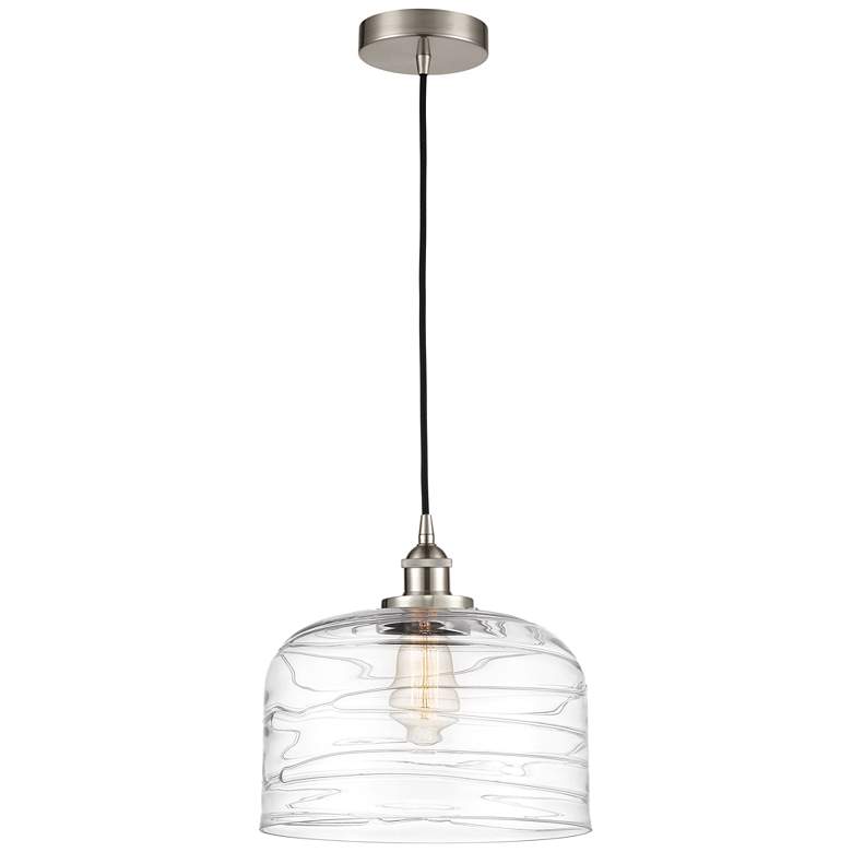 Image 1 Bell 12" LED Mini Pendant - Brushed Satin Nickel - Clear Deco Swirl Sh