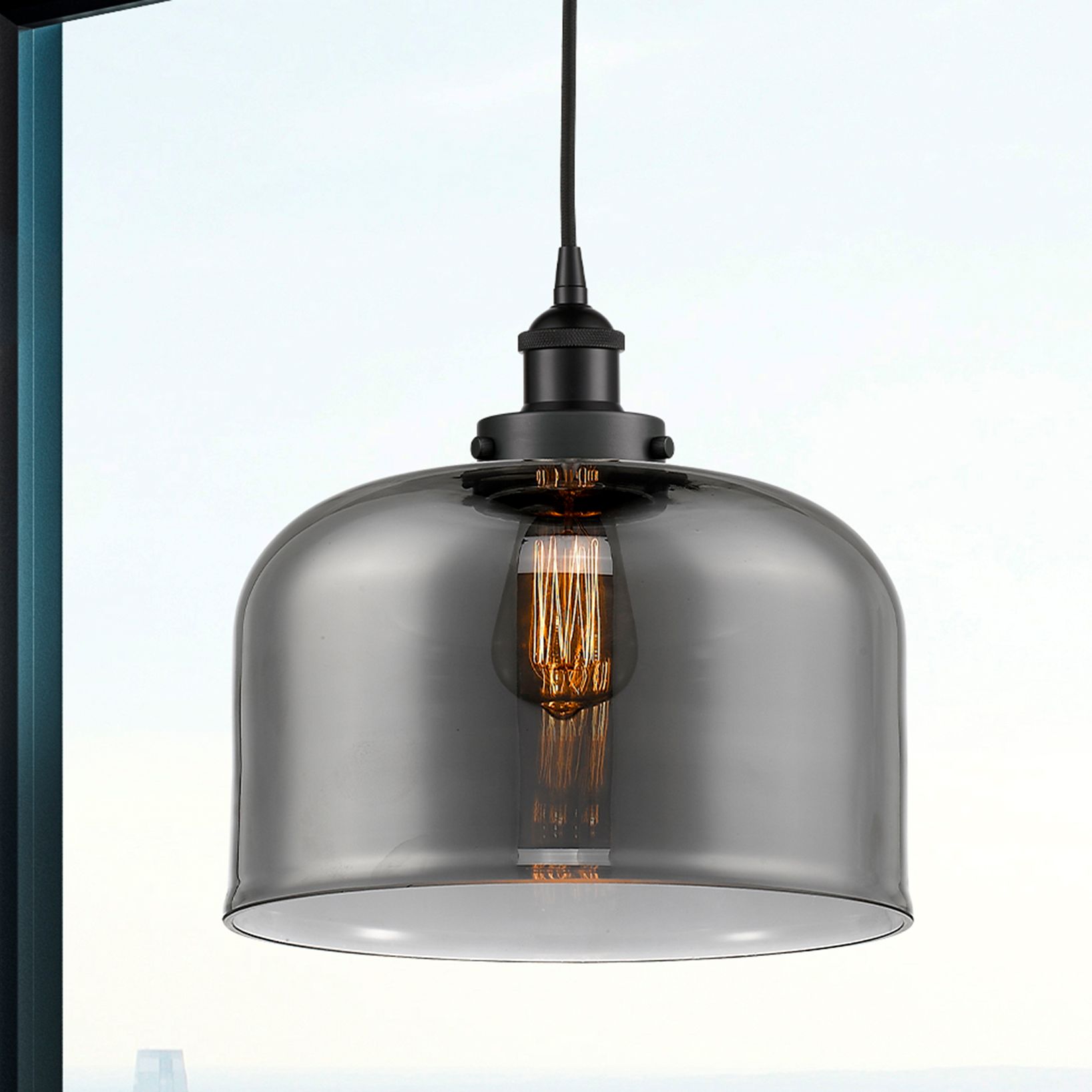 Bell 12" Matte Black Mini Pendant w/ Plated Smoke Shade