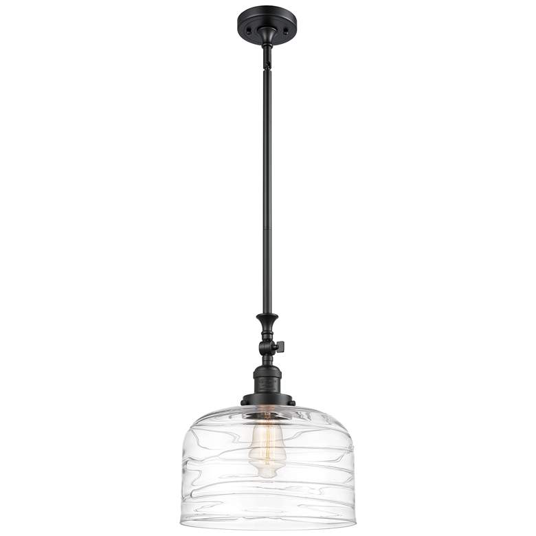 Image 1 Bell 12" Matte Black Stem Hung Mini Pendant w/ Clear Deco Swirl Shade