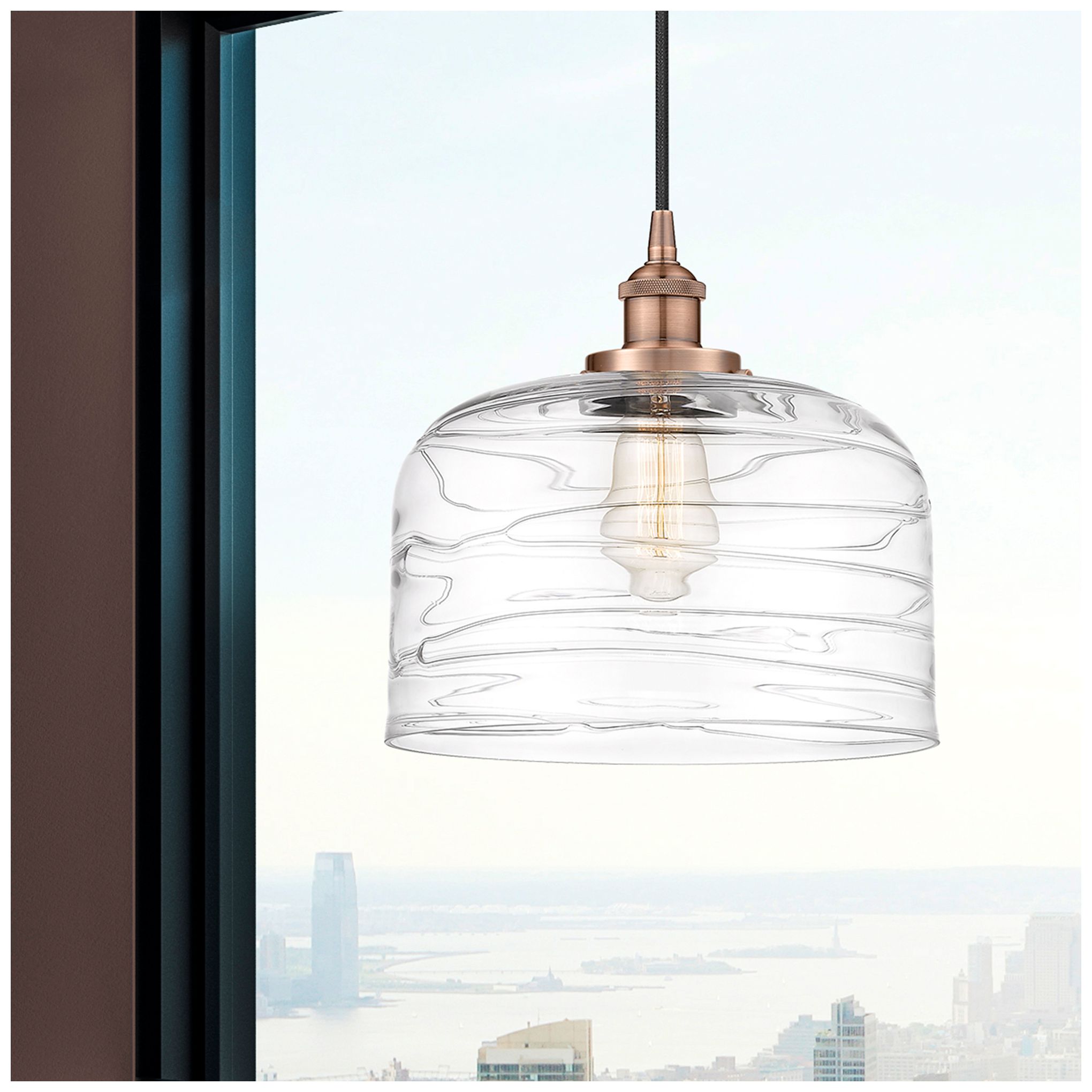 Image 2 Bell 12" Mini Pendant - Antique Copper - Clear Deco Swirl Shade more views