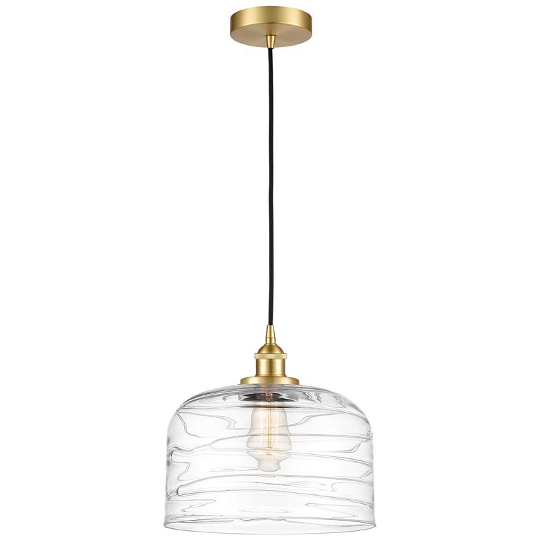 Image 1 Bell 12" Satin Gold Mini Pendant w/ Clear Deco Swirl Shade