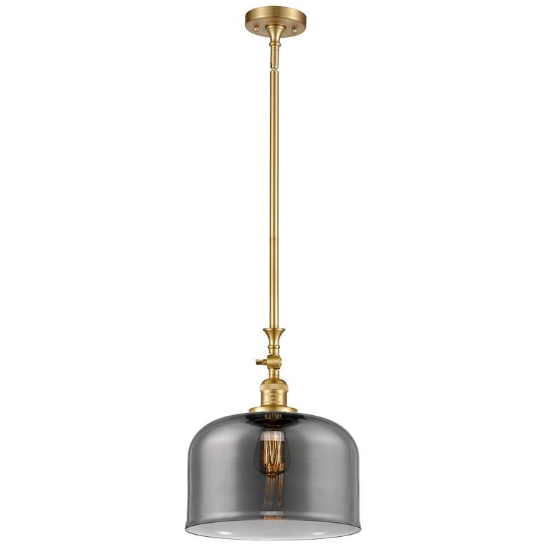Image 1 Bell 12" Satin Gold Stem Hung Mini Pendant w/ Plated Smoke Shade