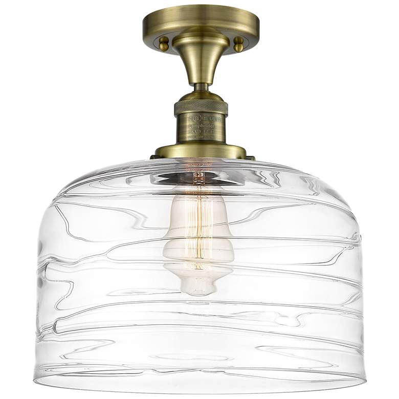 Image 1 Bell 12" Semi-Flush Mount - Antique Brass - Clear Deco Swirl Shade