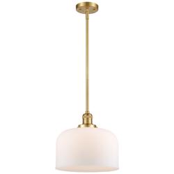 Bell 12" Wide Satin Gold Mini Pendant w/ White Glass