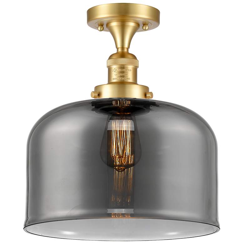 Image 1 Bell 12" Wide Satin Gold Semi Flush Mount w/ Plated Smoke Shade