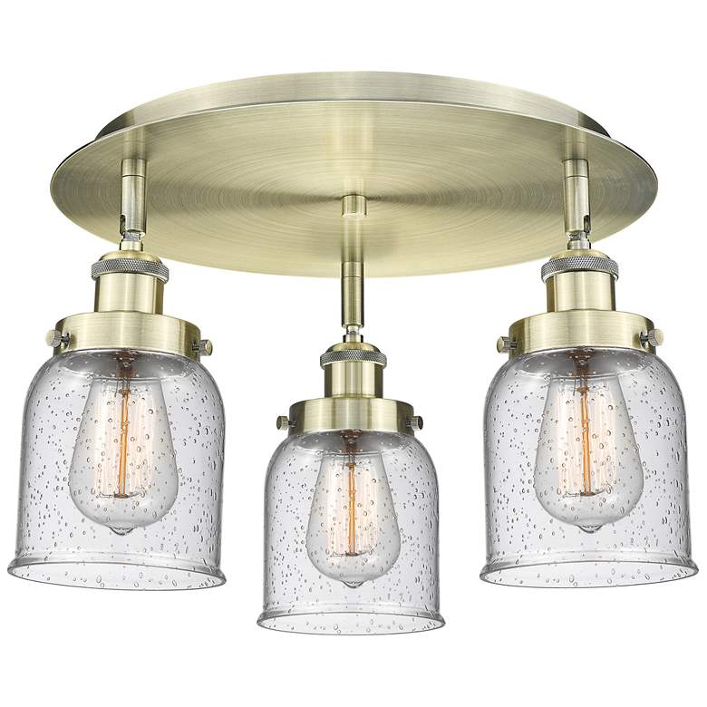 Image 1 Bell 16.75" Wide 3 Light Antique Brass Flush Mount With Seedy Glass Sh