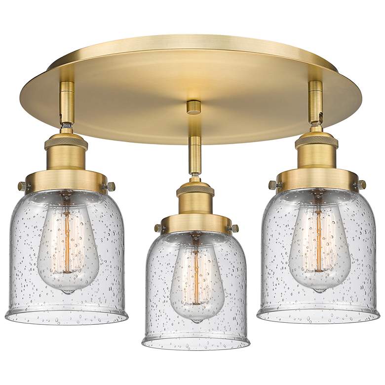 Image 1 Bell 16.75" Wide 3 Light Brushed Brass Flush Mount With Seedy Glass Sh