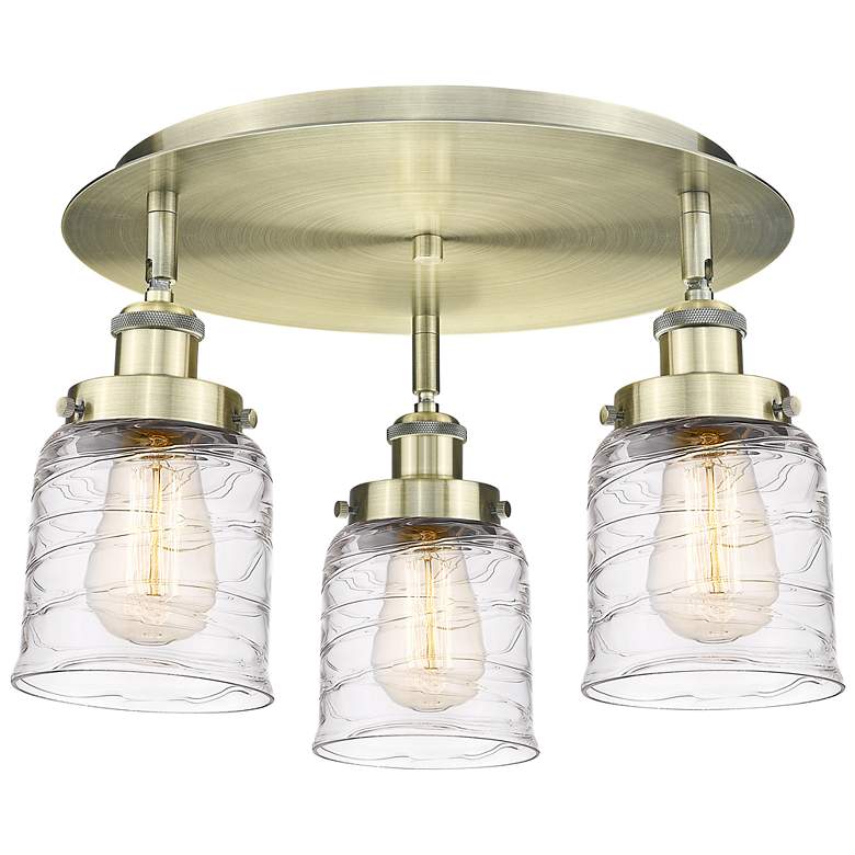 Image 1 Bell 16.75"W 3 Light Antique Brass Flush Mount w/ Clear Deco Swirl Sha