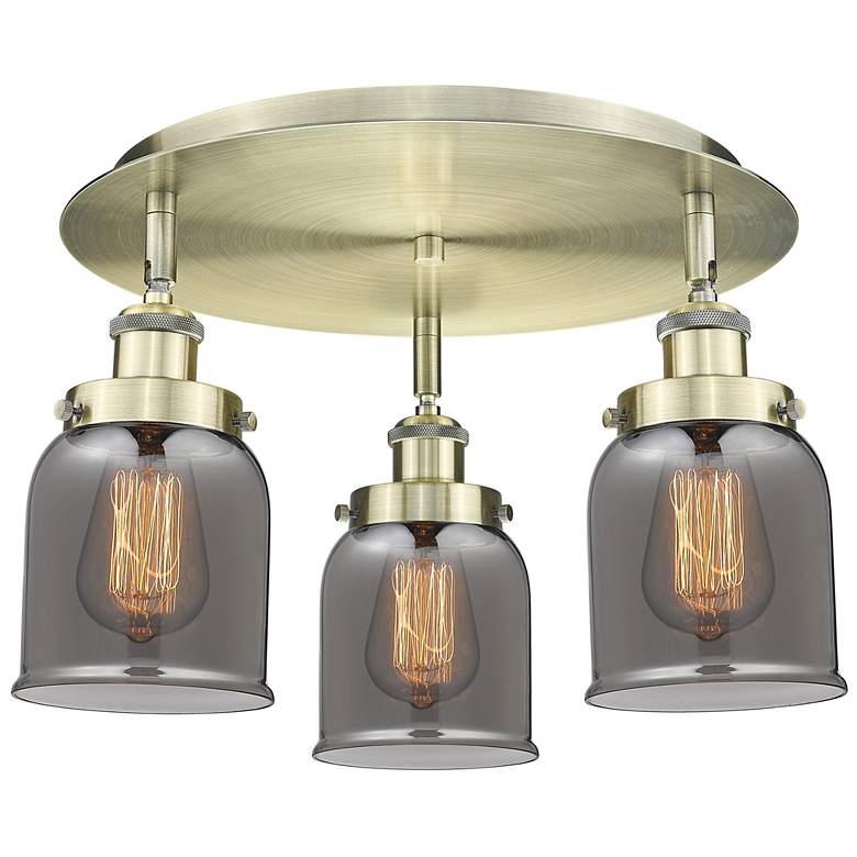 Image 1 Bell 16.75"W 3 Light Antique Brass Flush Mount w/ Plated Smoke Glass S