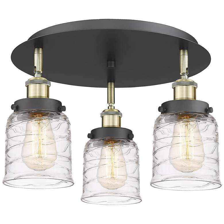 Image 1 Bell 16.75"W 3 Light Black Antique Brass Flush Mount w/ Deco Swirl Sha