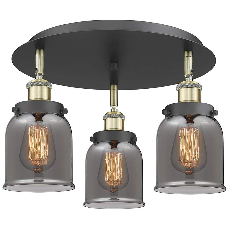 Image 1 Bell 16.75"W 3 Light Black Antique Brass Flush Mount w/ Smoke Glass Sh