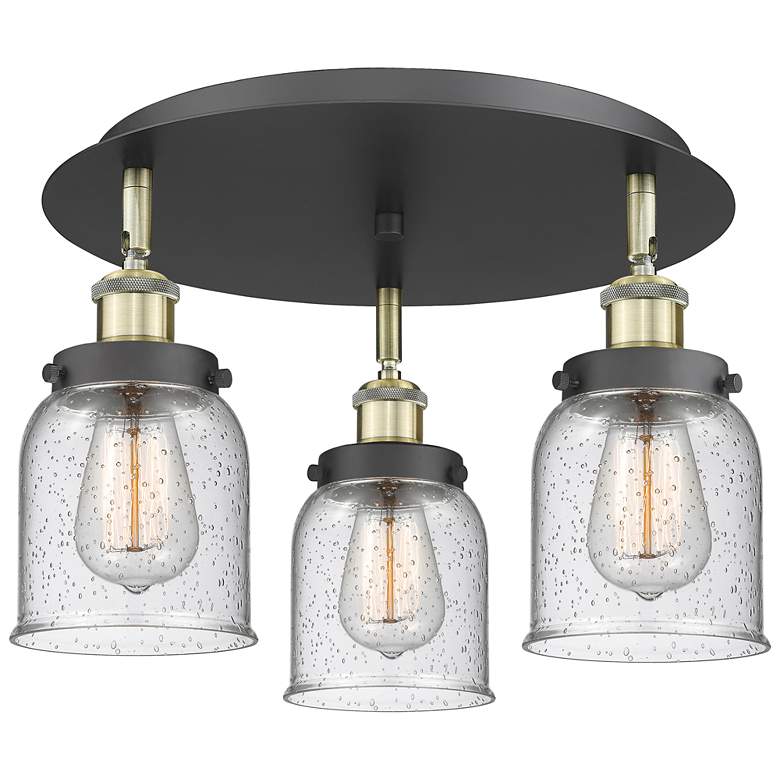 Image 1 Bell 16.75"W 3 Light Black Antique Brass Flush Mount With Seedy Glass