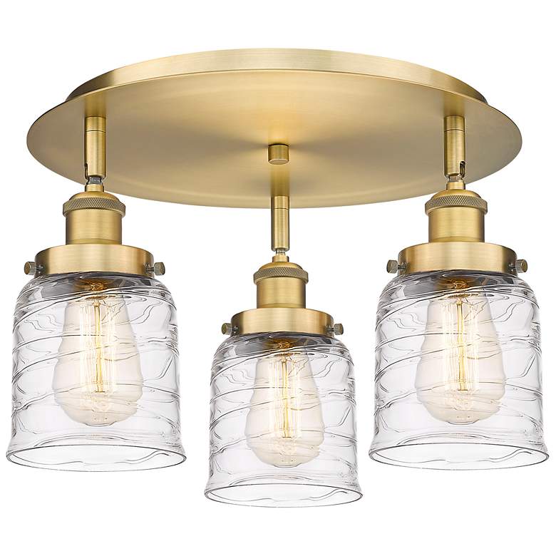Image 1 Bell 16.75"W 3 Light Brushed Brass Flush Mount w/ Clear Deco Swirl Sha