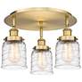 Bell 16.75"W 3 Light Brushed Brass Flush Mount w/ Clear Deco Swirl Sha