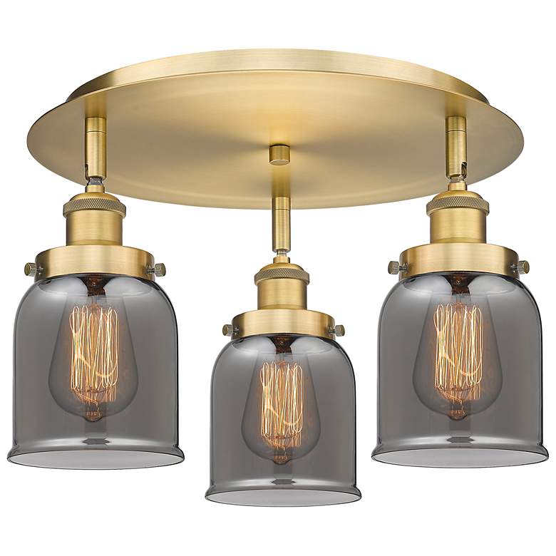 Image 1 Bell 16.75"W 3 Light Brushed Brass Flush Mount w/ Plated Smoke Glass S