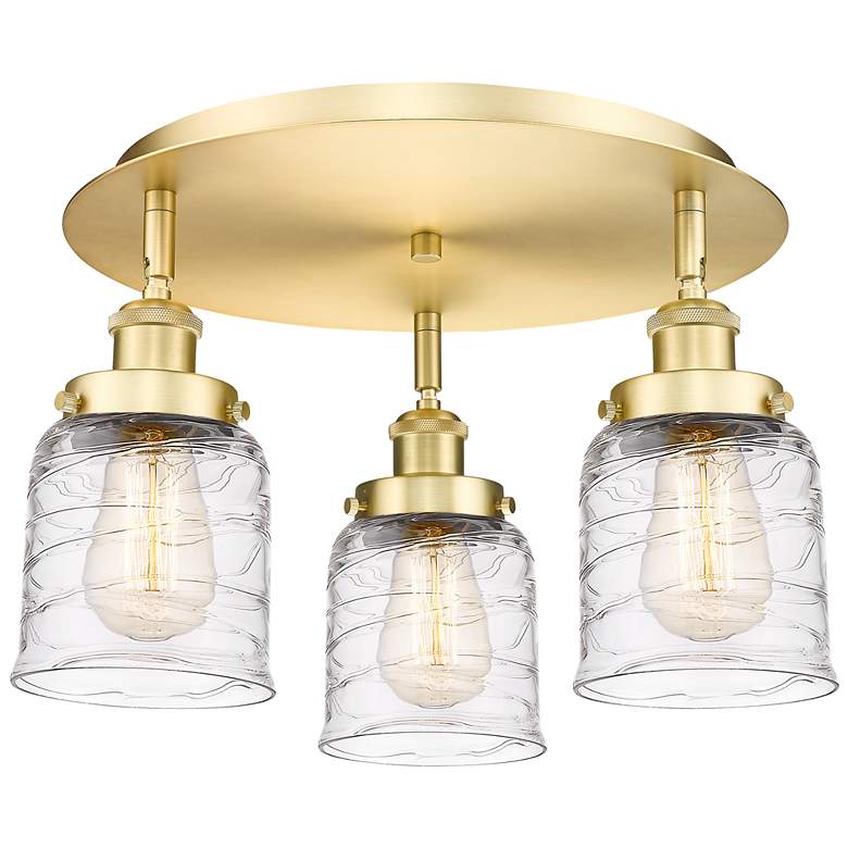 Image 1 Bell 16.75"W 3 Light Satin Gold Flush Mount w/ Clear Deco Swirl Glass