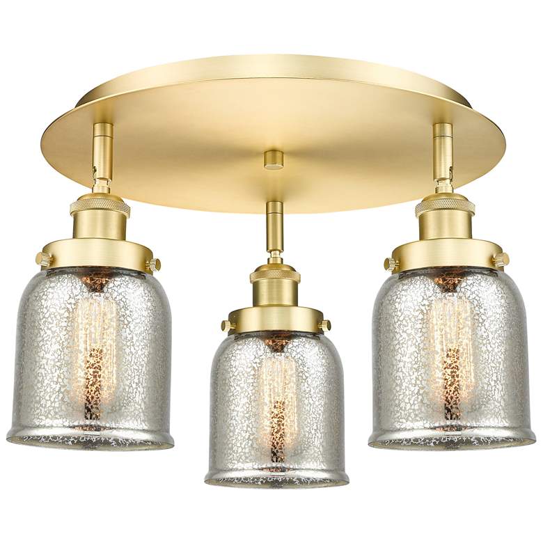 Image 1 Bell 16.75 inchW 3 Light Satin Gold Flush Mount w/ Mercury Glass Shade
