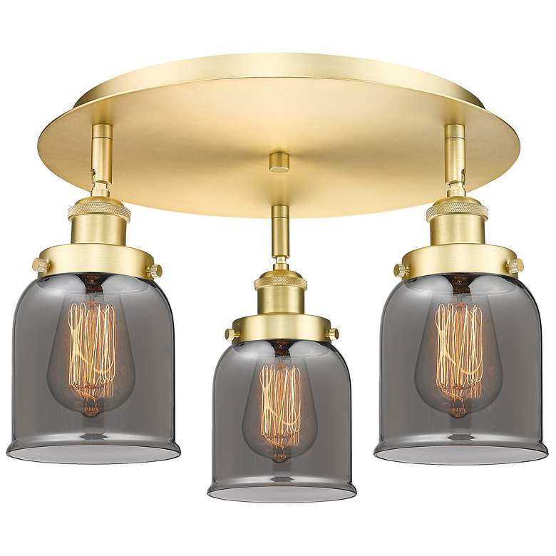 Image 1 Bell 16.75"W 3 Light Satin Gold Flush Mount With Plated Smoke Glass Sh