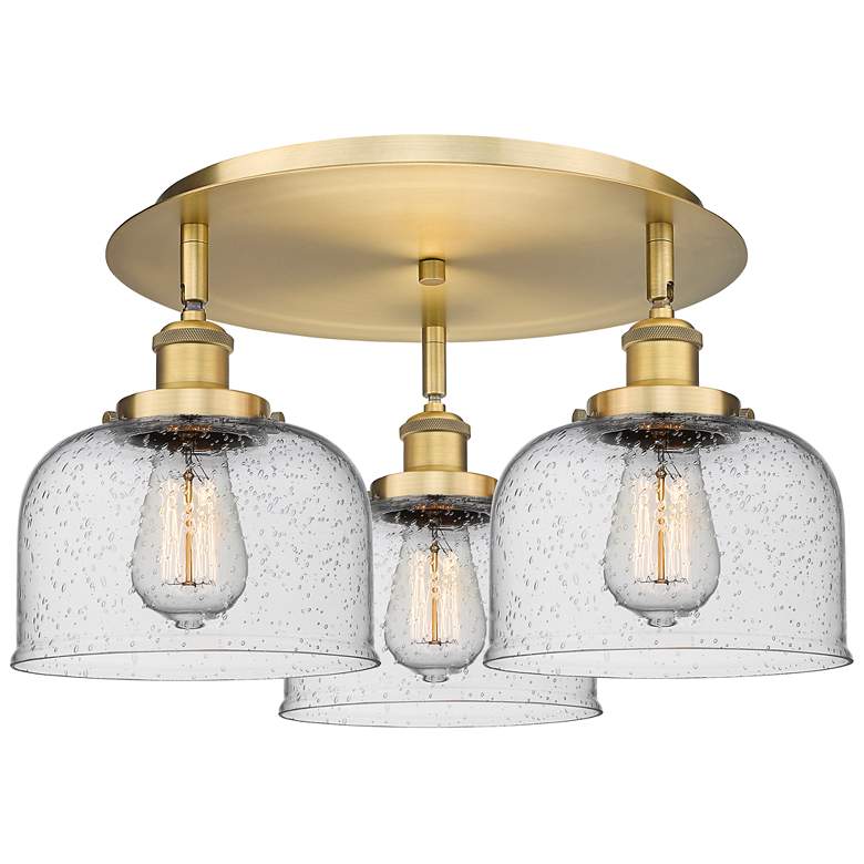 Image 1 Bell 19.75" Wide 3 Light Brushed Brass Flush Mount With Seedy Glass Sh