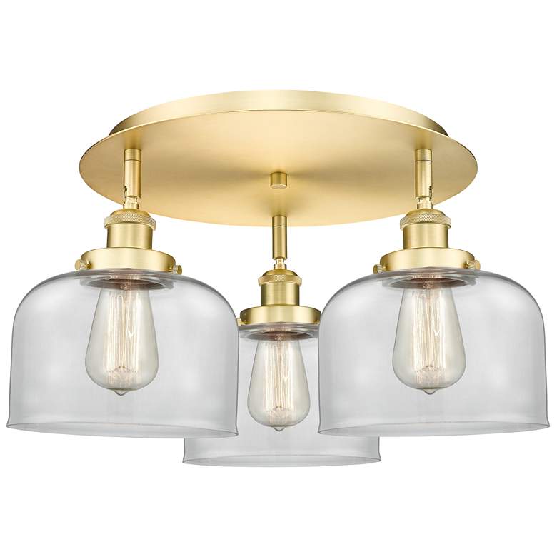 Image 1 Bell 19.75" Wide 3 Light Satin Gold Flush Mount With Clear Glass Shade