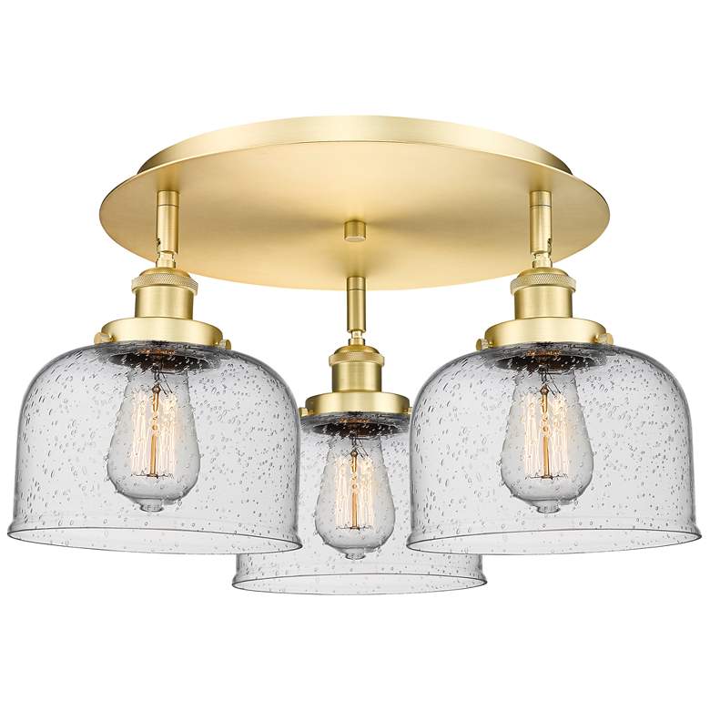 Image 1 Bell 19.75" Wide 3 Light Satin Gold Flush Mount With Seedy Glass Shade