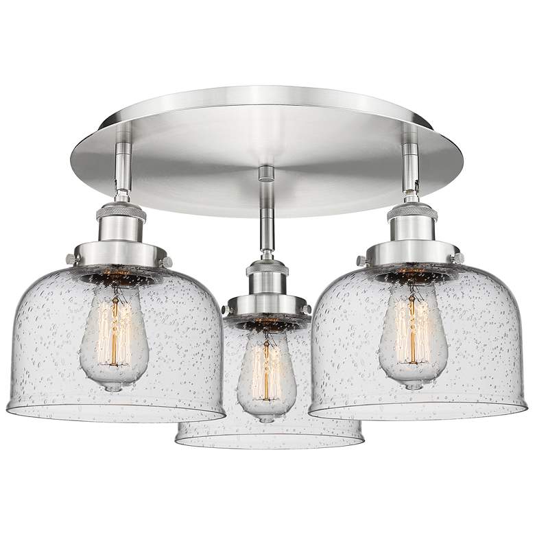 Image 1 Bell 19.75" Wide 3 Light Satin Nickel Flush Mount With Seedy Glass Sha