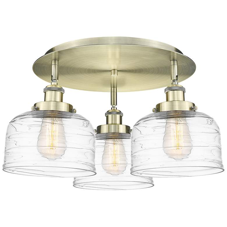 Image 1 Bell 19.75"W 3 Light Antique Brass Flush Mount w/ Clear Deco Swirl Sha
