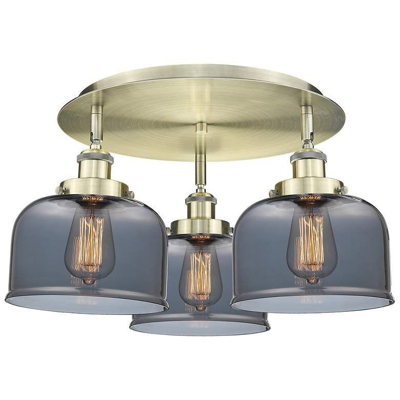 Image 1 Bell 19.75"W 3 Light Antique Brass Flush Mount w/ Plated Smoke Glass S