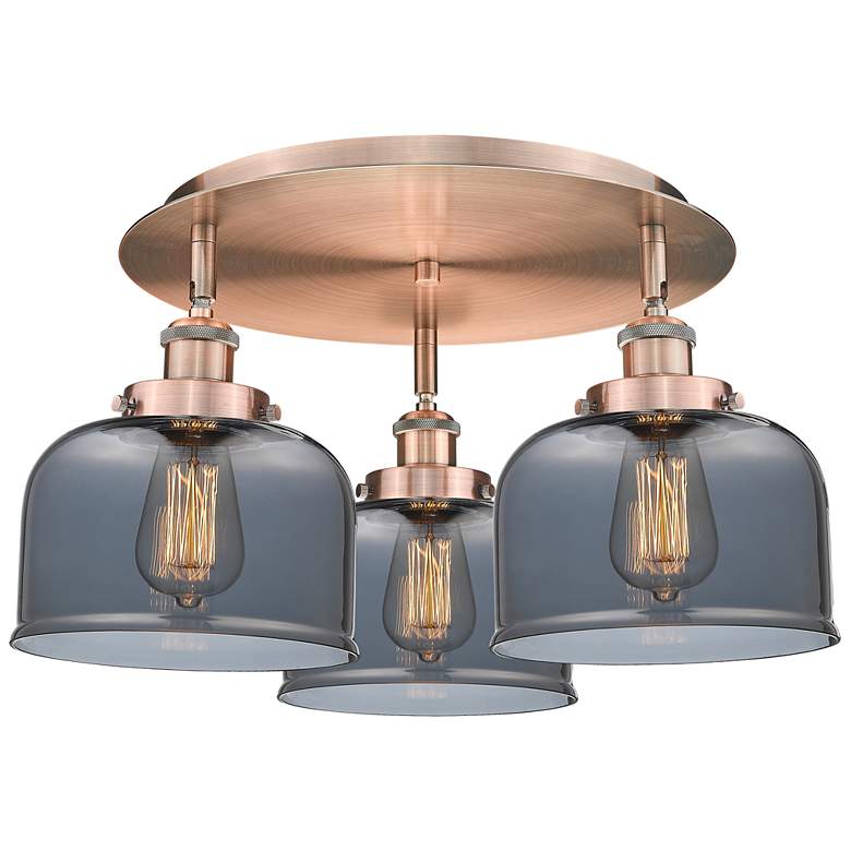 Image 1 Bell 19.75"W 3 Light Antique Copper Flush Mount w/ Plated Smoke Glass