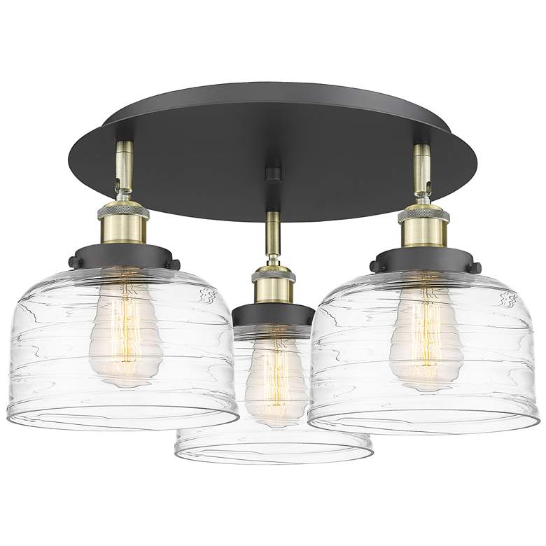 Image 1 Bell 19.75"W 3 Light Black Antique Brass Flush Mount w/ Deco Swirl Sha