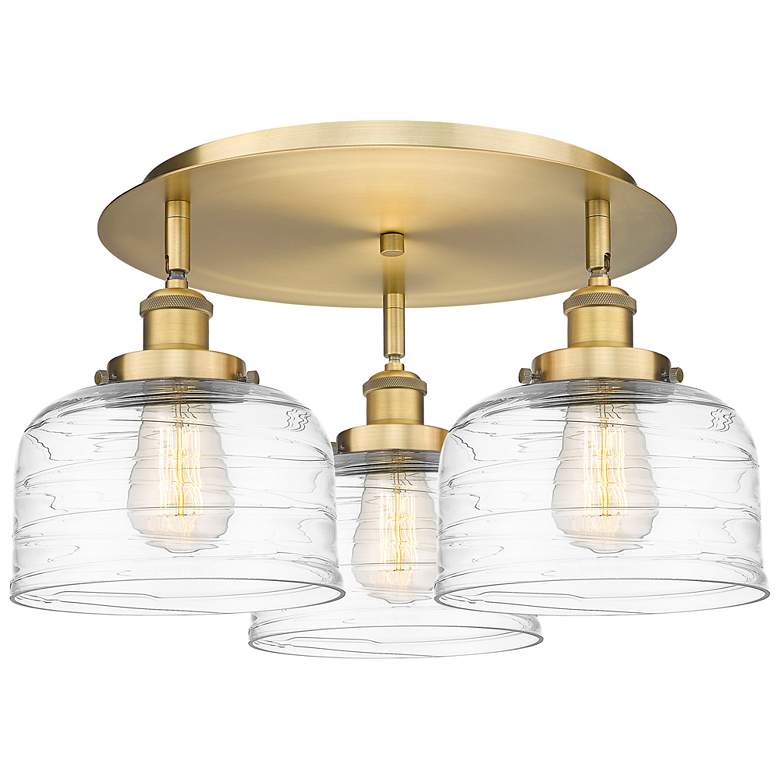 Image 1 Bell 19.75"W 3 Light Brushed Brass Flush Mount w/ Clear Deco Swirl Sha