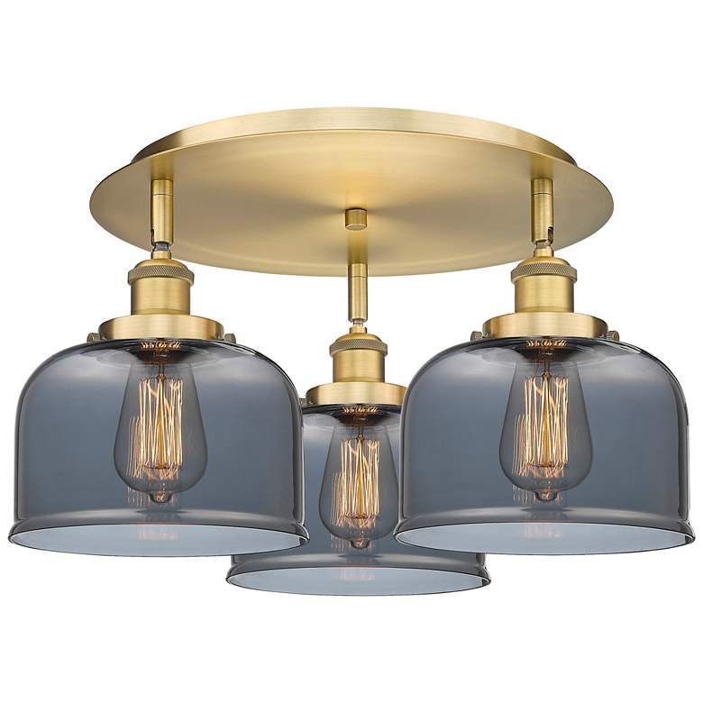 Image 1 Bell 19.75"W 3 Light Brushed Brass Flush Mount w/ Plated Smoke Glass S