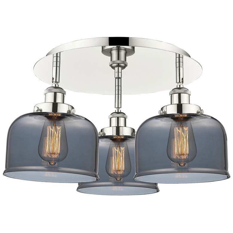 Image 1 Bell 19.75"W 3 Light Polished Nickel Flush Mount w/ Smoke Glass Shade