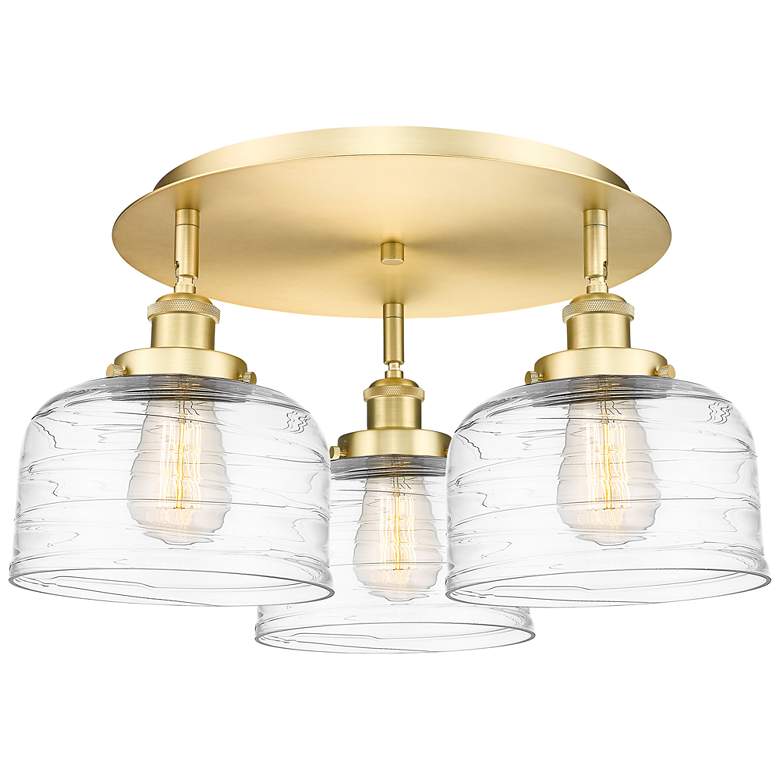 Image 1 Bell 19.75"W 3 Light Satin Gold Flush Mount w/ Clear Deco Swirl Glass