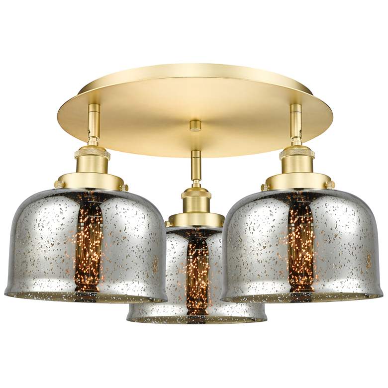 Image 1 Bell 19.75"W 3 Light Satin Gold Flush Mount w/ Mercury Glass Shade