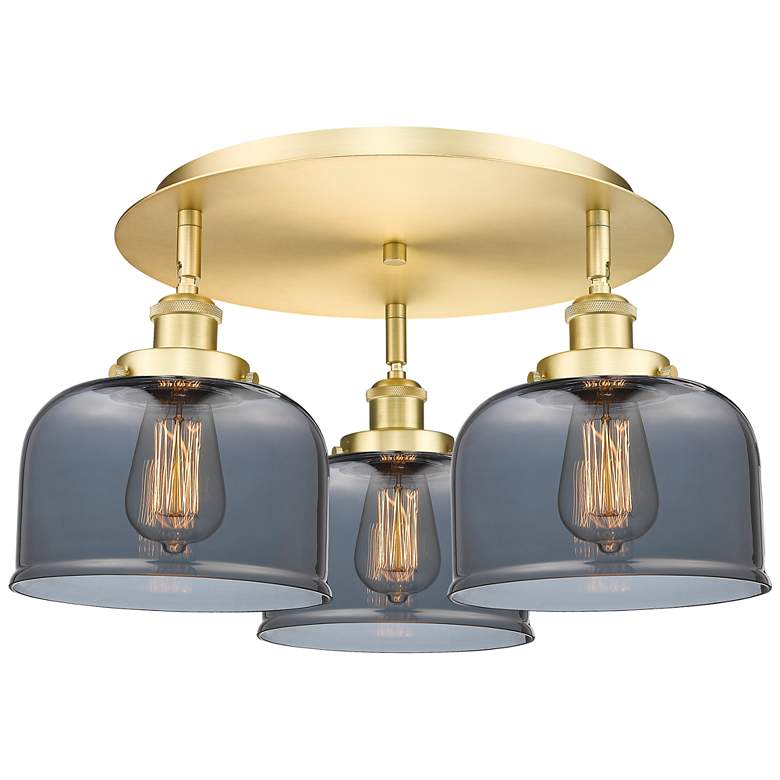 Image 1 Bell 19.75"W 3 Light Satin Gold Flush Mount With Plated Smoke Glass Sh