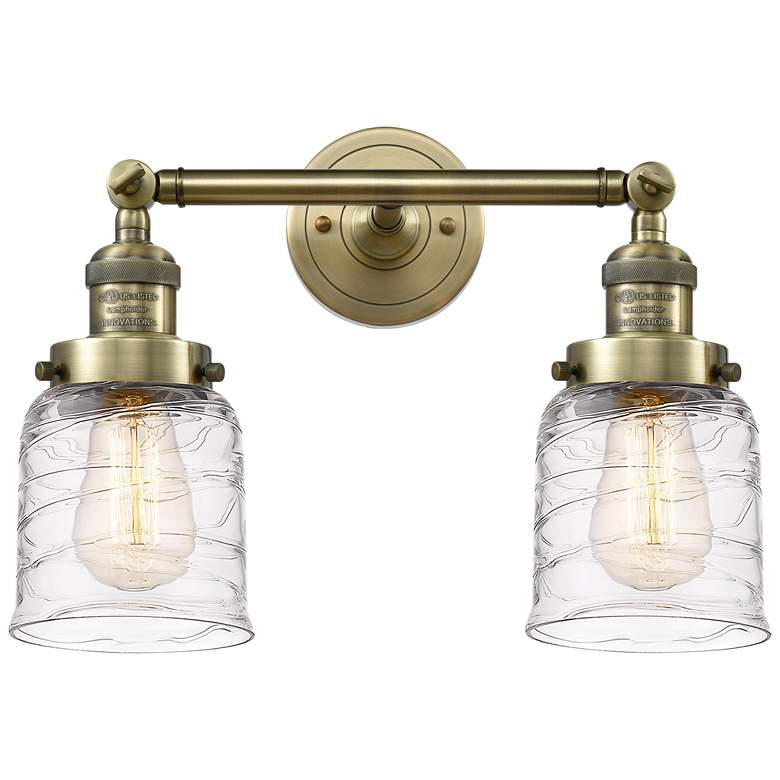 Image 1 Bell 2 Light 16" Bath Light - Antique Brass - Deco Swirl Shade