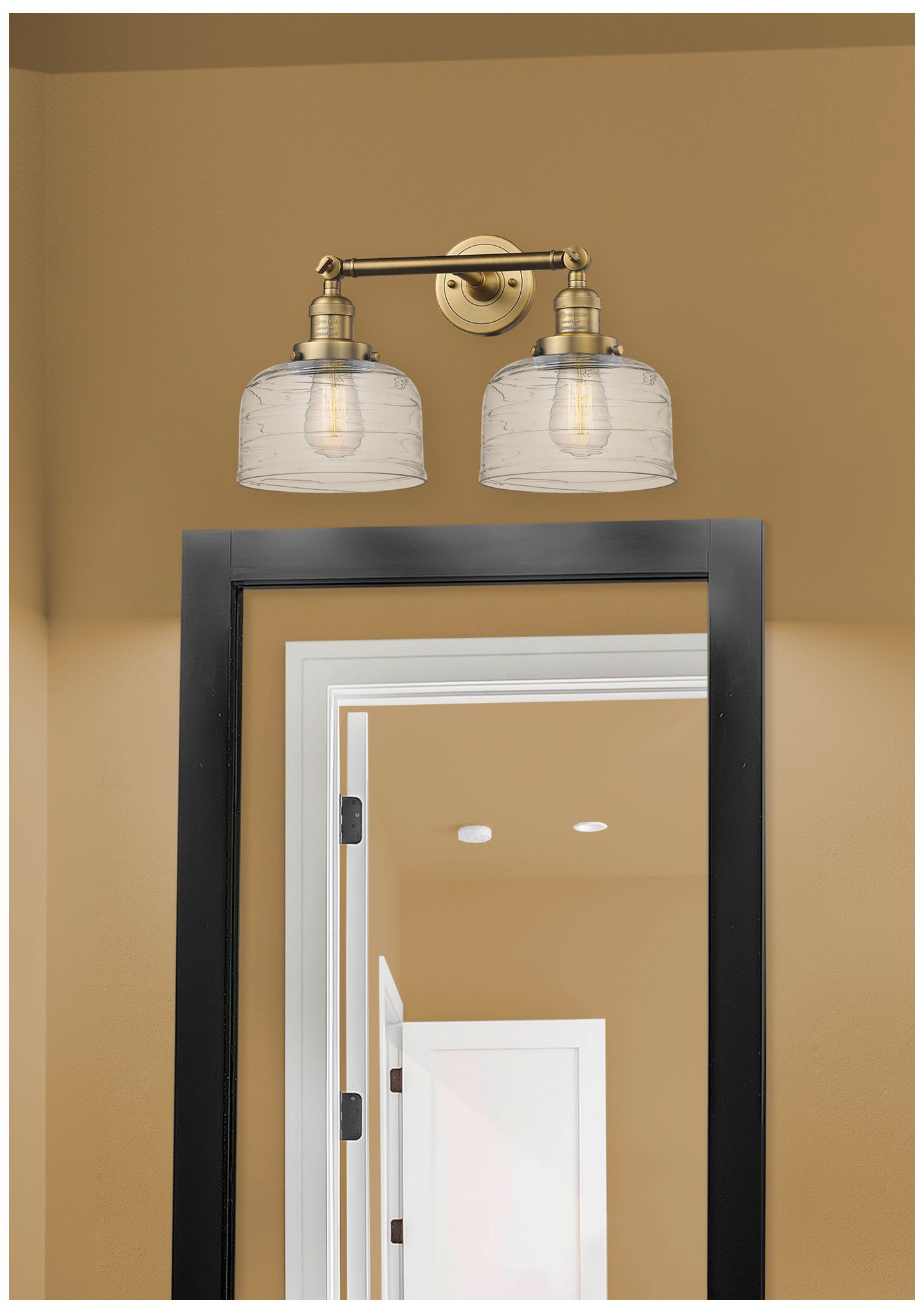 Image 2 Bell 2 Light 19" Bath Light - Brushed Brass - Clear Deco Swirl Shade more views