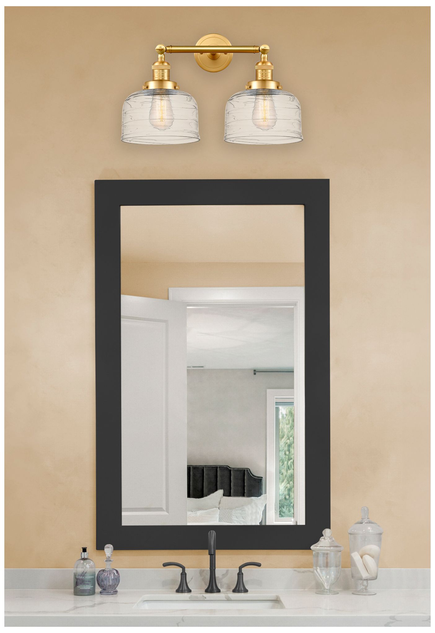 Image 2 Bell 2 Light 19" LED Bath Light - Satin Gold - Clear Deco Swirl Shade more views