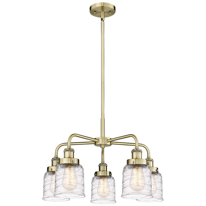 Image 1 Bell 23"W 5 Light Antique Brass Stem Hung Chandelier w/ Deco Swirl Sha