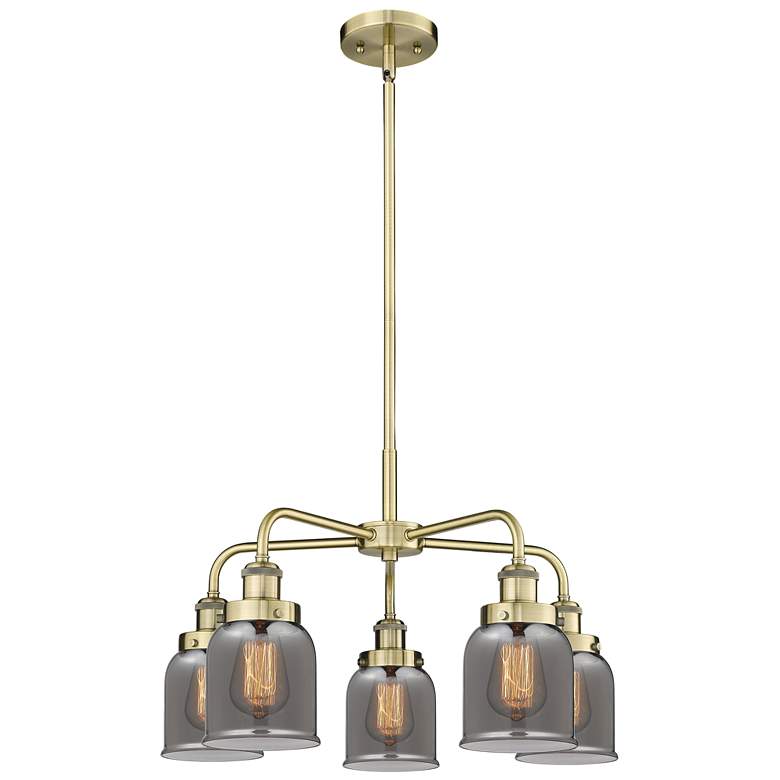 Image 1 Bell 23"W 5 Light Antique Brass Stem Hung Chandelier w/ Smoke Glass Sh