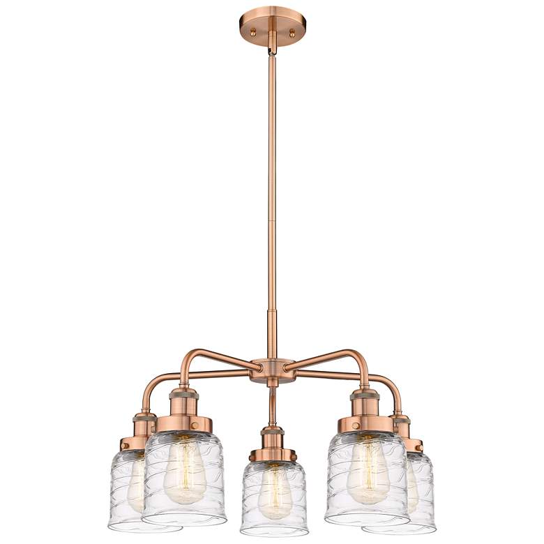Image 1 Bell 23"W 5 Light Antique Copper Stem Hung Chandelier w/ Deco Swirl Sh