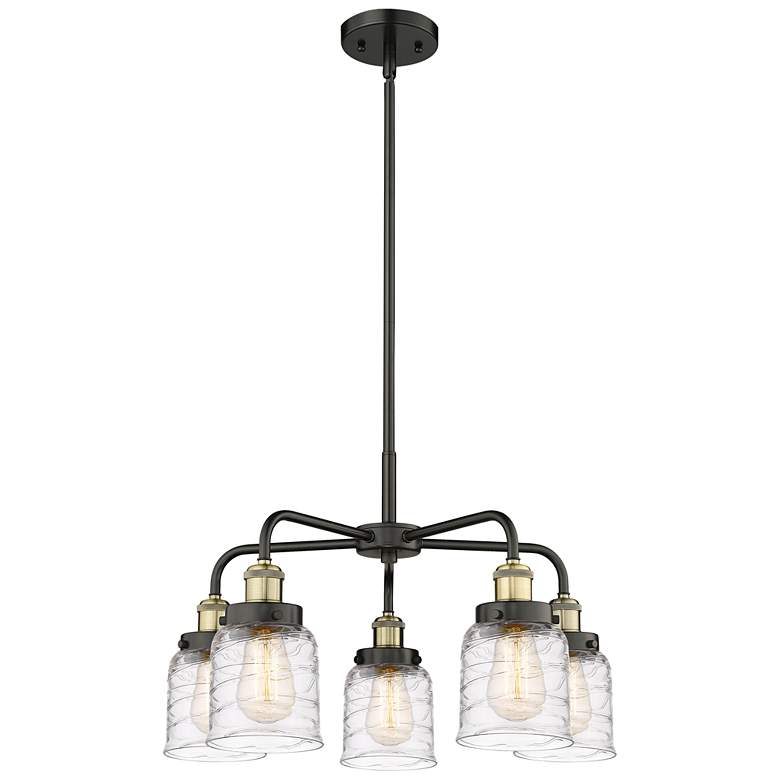 Image 1 Bell 23"W 5 Light Black Brass Stem Hung Chandelier w/ Deco Swirl Shade