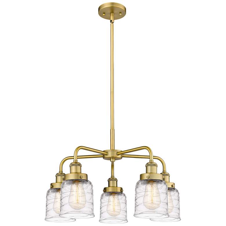Image 1 Bell 23"W 5 Light Brushed Brass Stem Hung Chandelier w/ Deco Swirl Sha