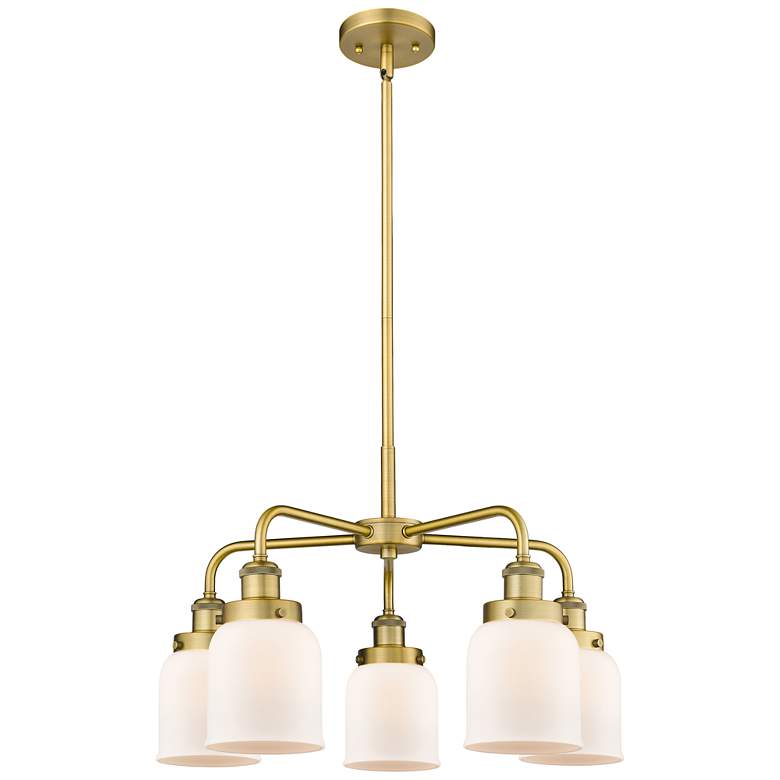 Image 1 Bell 23"W 5 Light Brushed Brass Stem Hung Chandelier w/ White Shade