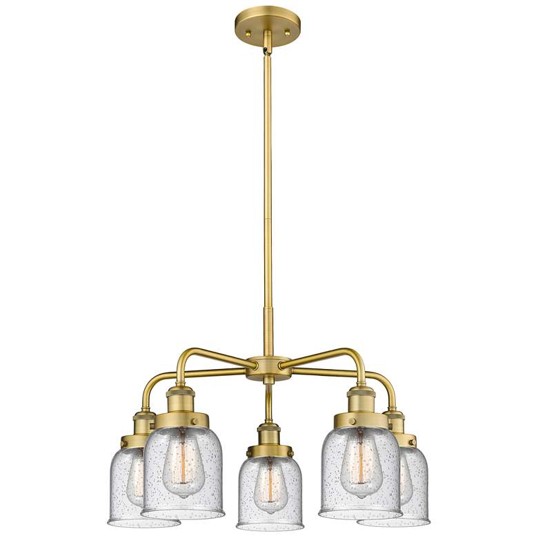 Image 1 Bell 23"W 5 Light Brushed Brass Stem Hung Chandelier With Seedy Glass