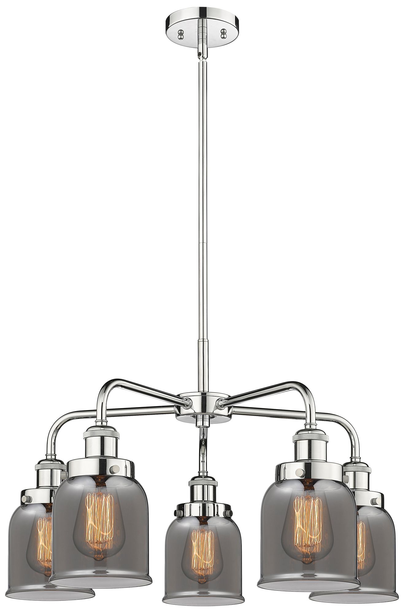 Bell 23"W 5 Light Polished Chrome Stem Hung Chandelier w/ Smoke Glass