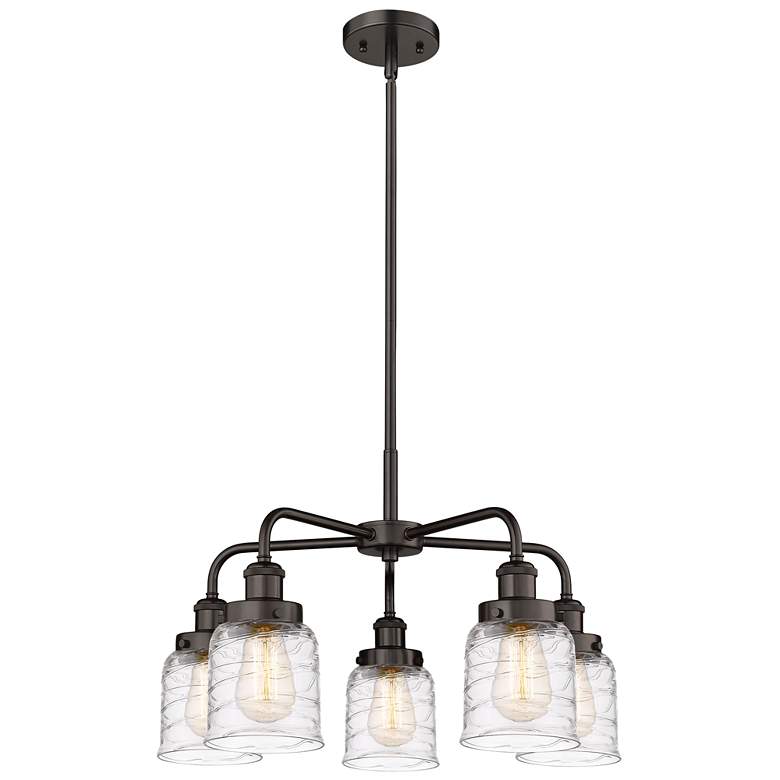 Image 1 Bell 23"W 5 Light Rubbed Bronze Stem Hung Chandelier w/ Deco Swirl Sha