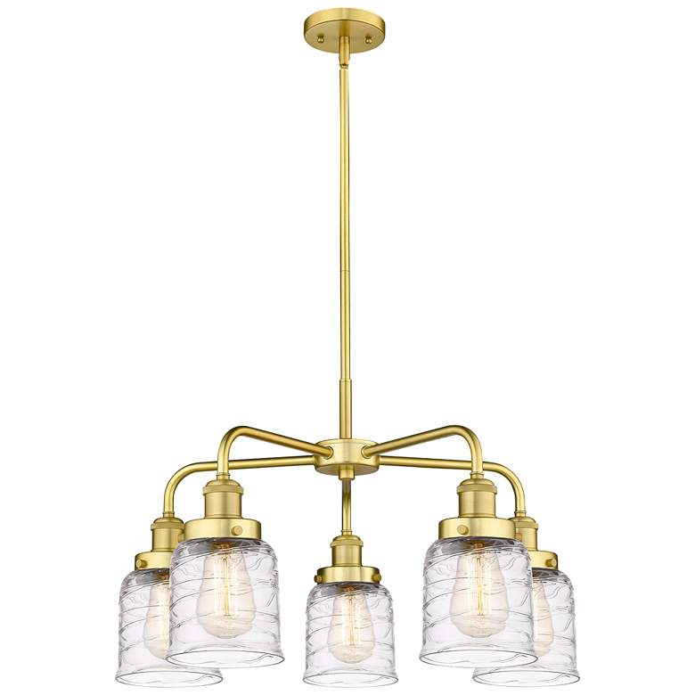 Image 1 Bell 23 inchW 5 Light Satin Gold Stem Hung Chandelier w/ Clear Deco Swirl 